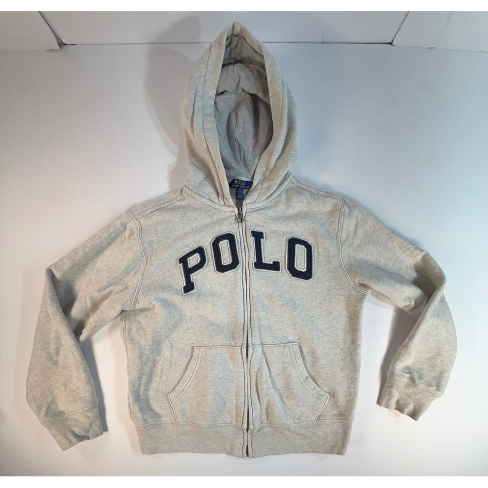 Polo Ralph Lauren Boys Gray Full Zip Hoodie Navy Blue Logo Size M 10-12